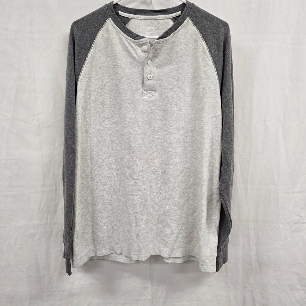 LL Bean Mens Organic Cotton Raglan Henley Shirt Grey Long Sleeve L REG 507460